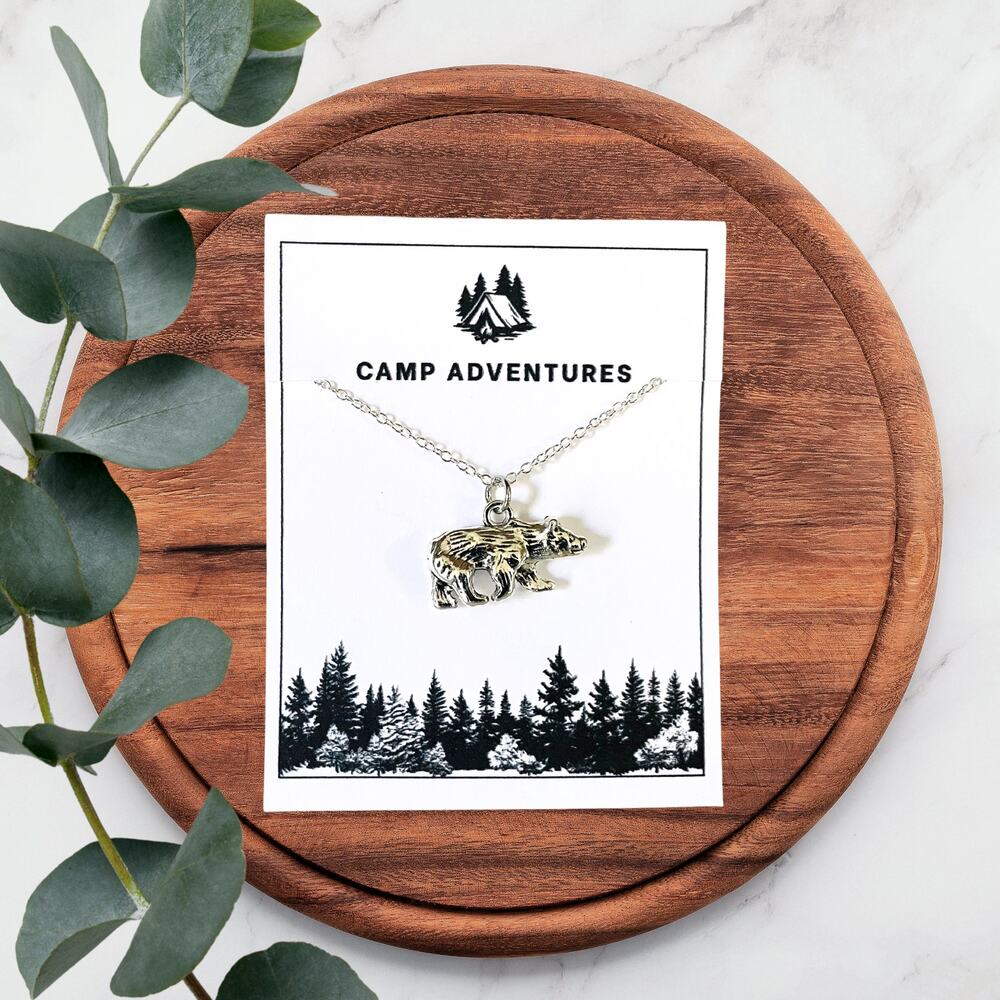 Bear Necklace, Camping, Hiking, Gift,  Silver